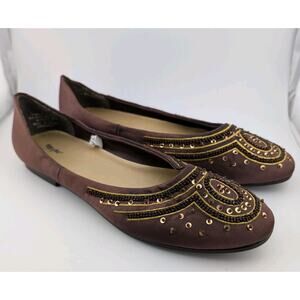 Wassio Size 9 Brown Ballet Flats Gold Beaded Satin Vintage Y2k Shoes